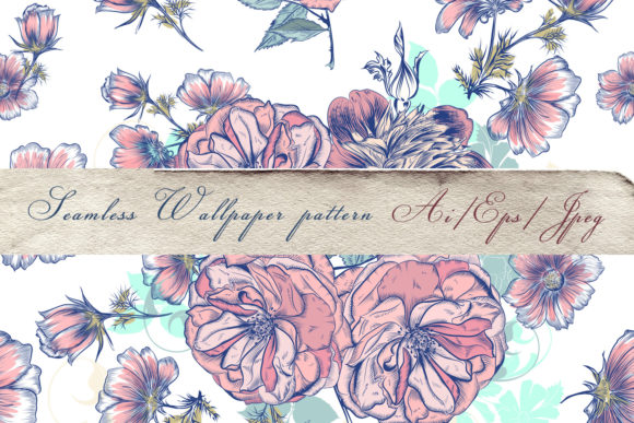Vector Pattern Drawn Roses and Cosmos for Professional Design Projects